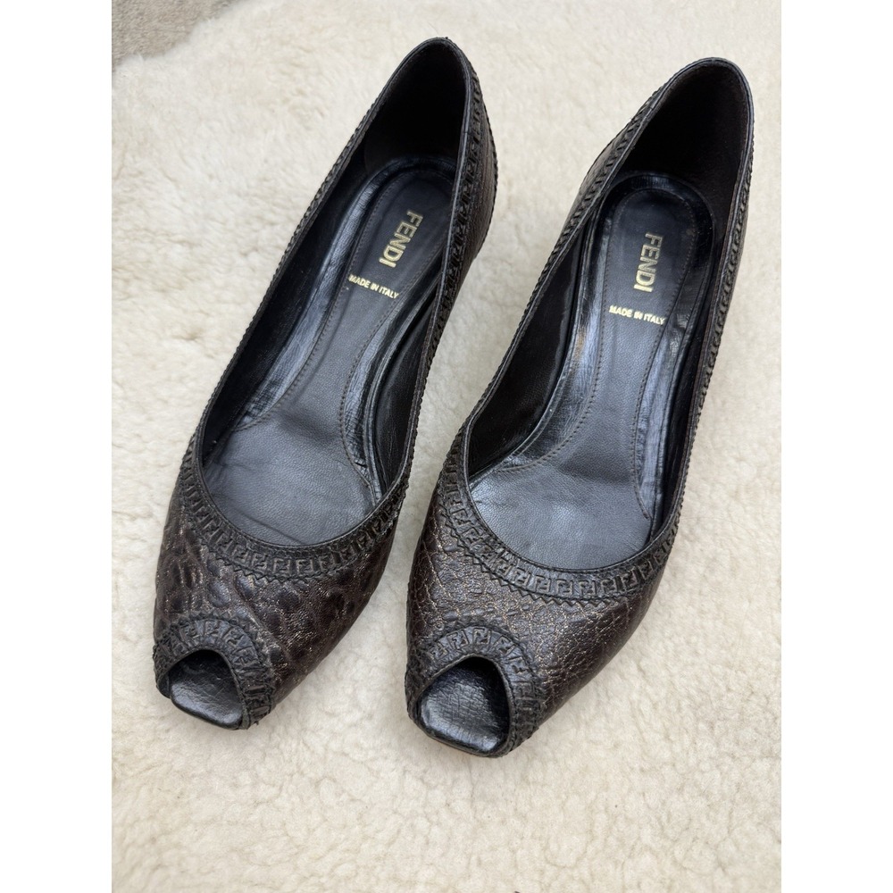 Vintage Y2K Fendi Peep Toe Kitten Heels Brown Leather Logo Boho Indie Sleaze 38